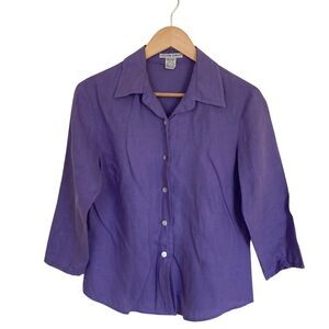 Jillian Jones Purple 100% Linen Button Down Shirt 3/4 Sleeve Womens Size S